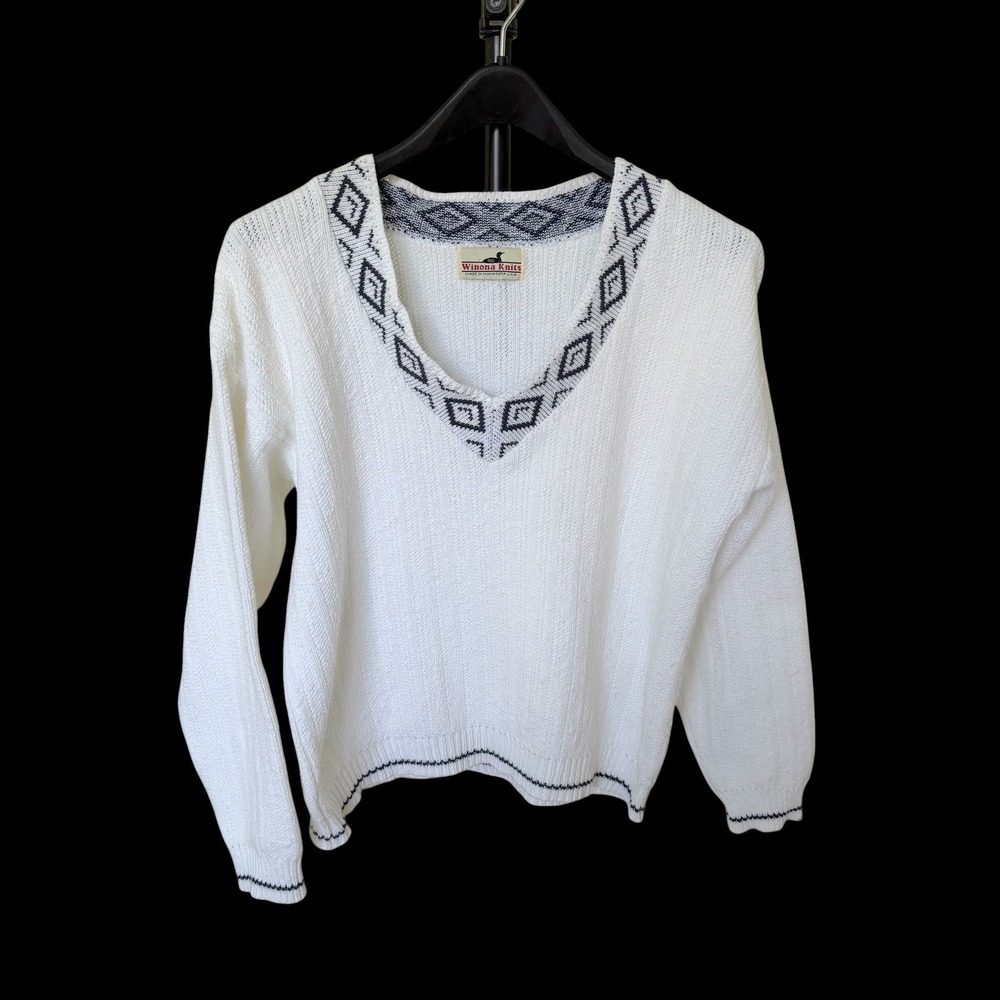 Winona Knits Womens Large VNeck Sweater White Geometric Trim USA Made Preppy 90s